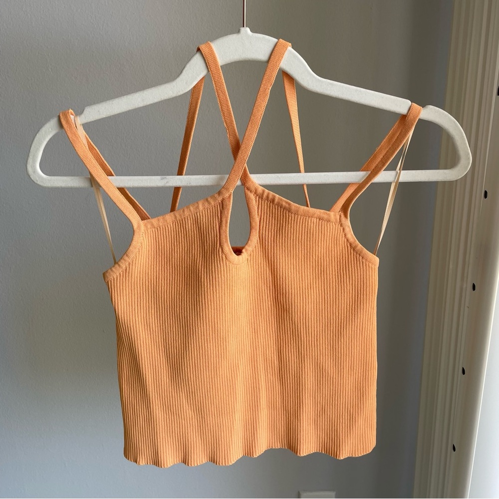 NWOT ZARA Strappy Crisscross Rib Knit Crop Peachy Orange Camisole